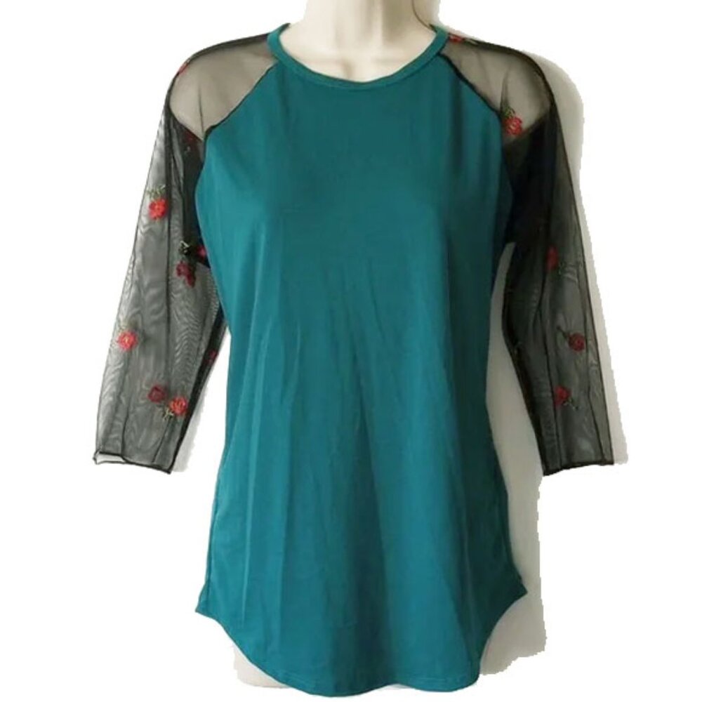 NWOT LuLaRoe Randy 3/4 Sleeve Top M Teal Green Black Mesh Floral Roses  50off3